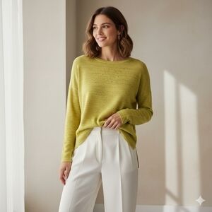 Eileen Fisher Linen Blend Oversized Sweater Yellow Green L